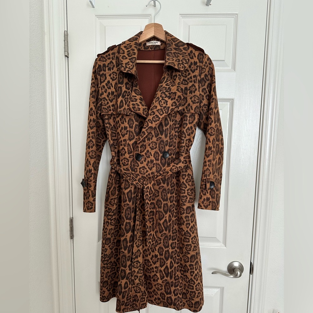 Faux Suede Leopard Print Trench Coat